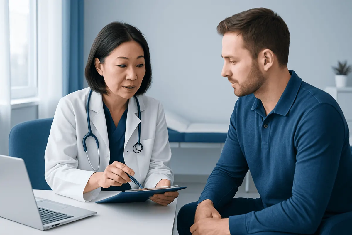 Doctor consulting with a male patient in a medical office setting.