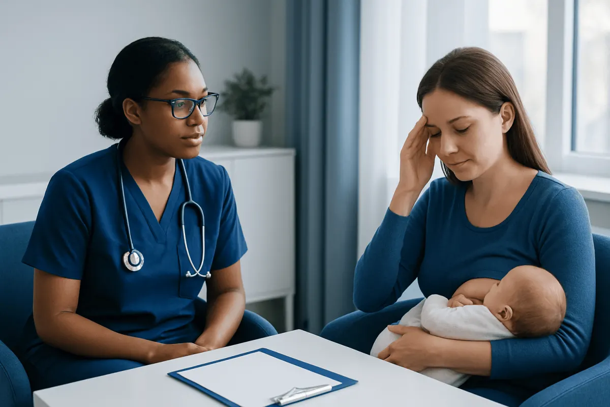 Doctor consulting new mother with baby in a hospital or clinic setting.