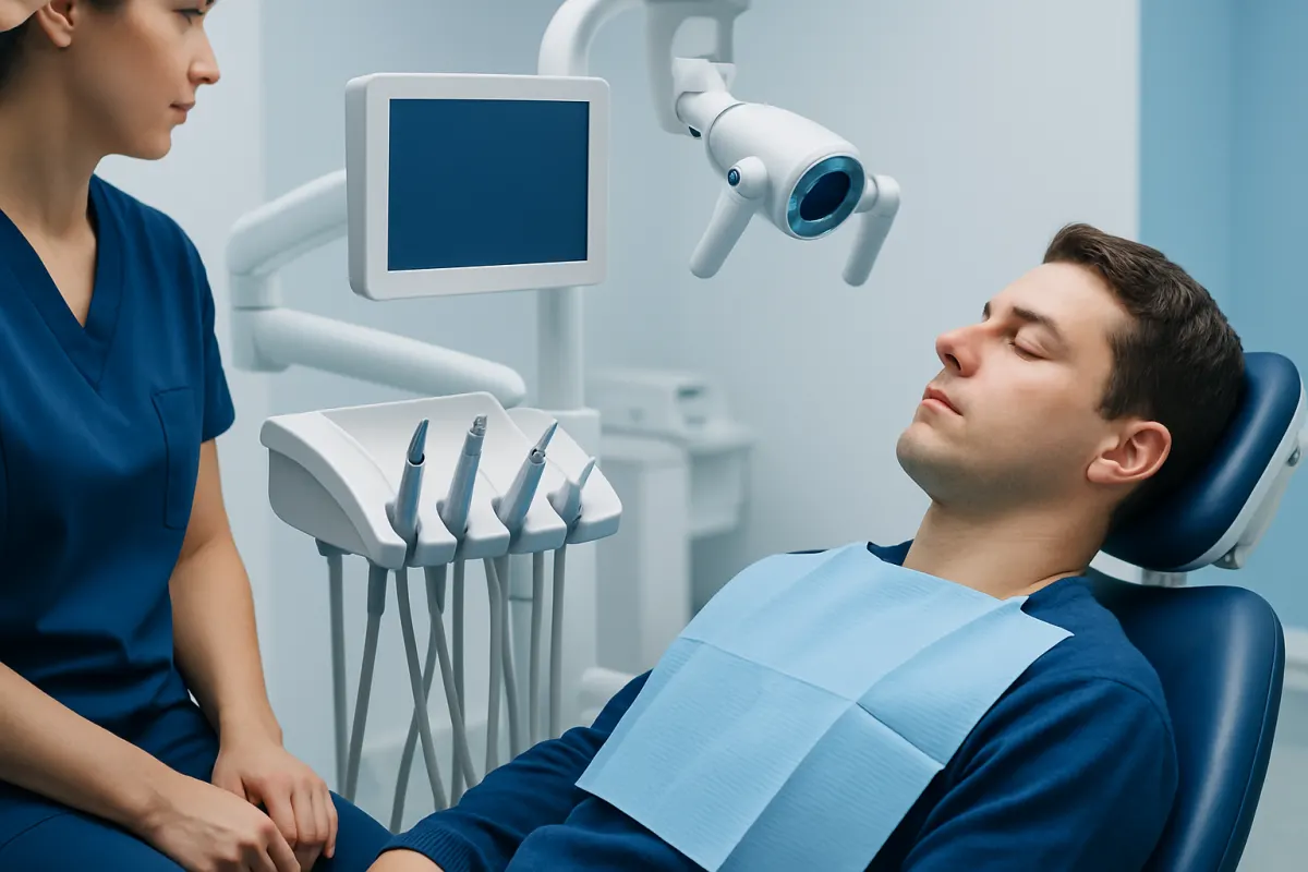 Patient in dental chair during a dental examination at Acibadem Hospital.