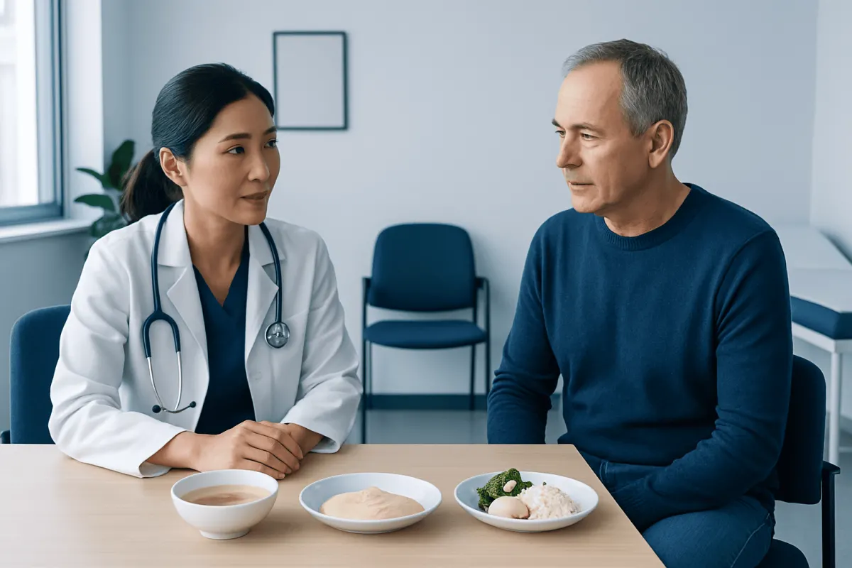 Doctor consulting with a patient about post-surgery diet options.
