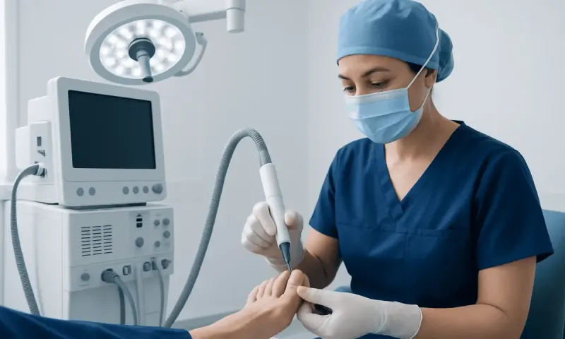 Medical professional performing a procedure with advanced equipment in a clinical setting.