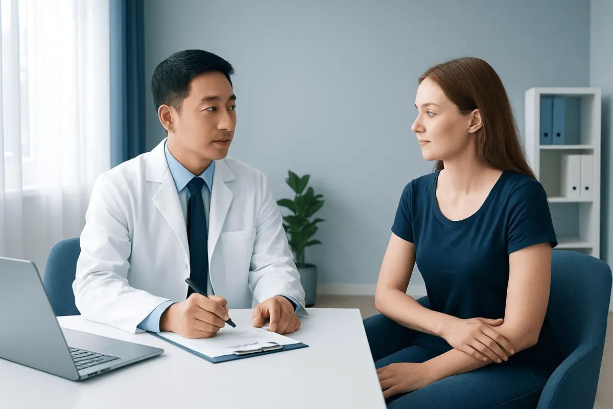 Doctor consulting a patient about scar treatment options in a clinic.