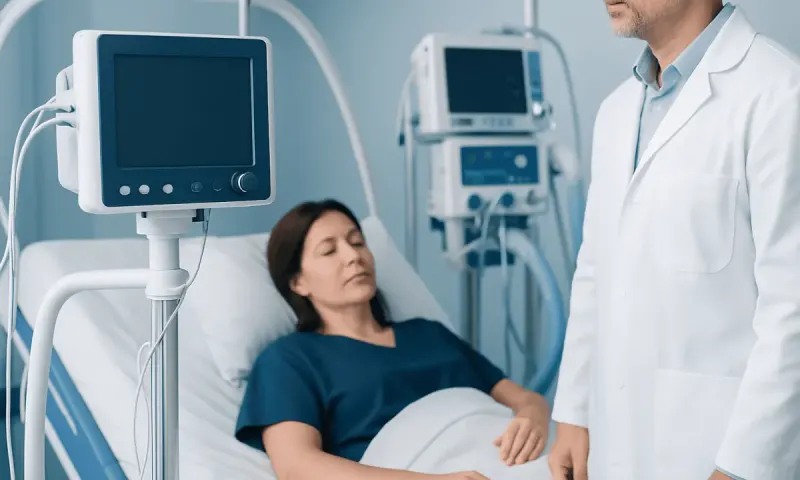 Hospital room with patient and doctor during medical consultation.