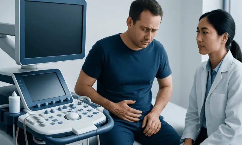 Doctor examining a patient with an ultrasound machine in a clinic setting.