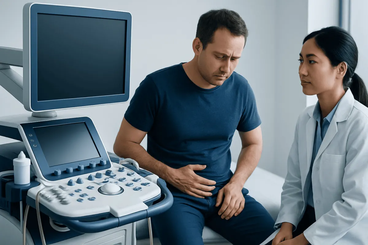 Doctor examining a patient with an ultrasound machine in a clinic setting.