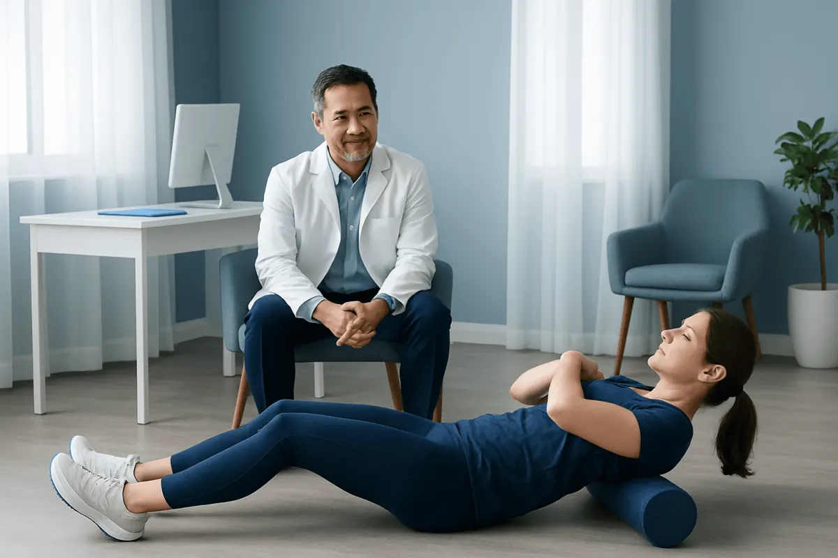 Physical therapist demonstrating fascia release techniques with foam roller.