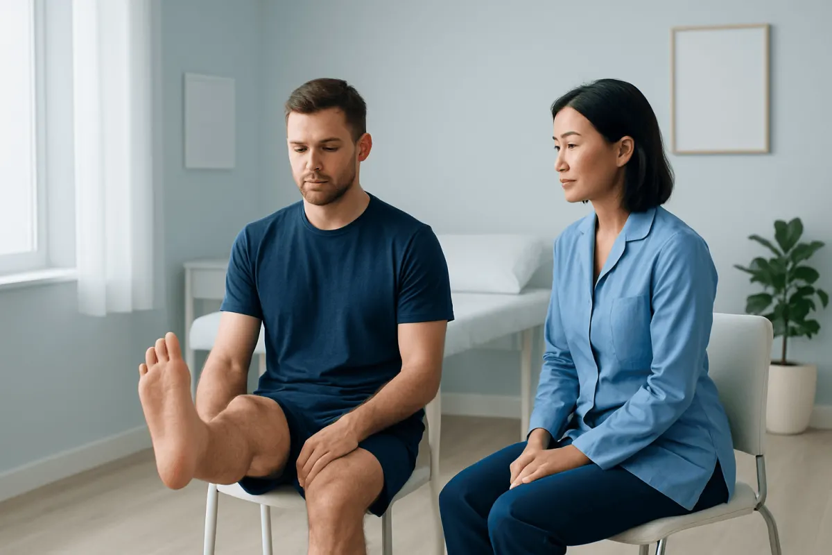 Physical therapy session for ankle rehabilitation with a healthcare professional and patient.