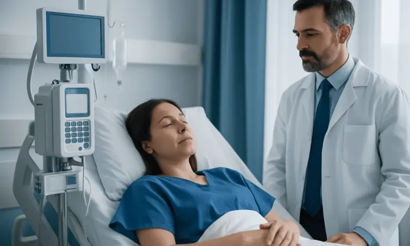 Patient resting in hospital bed with doctor nearby in medical setting.
