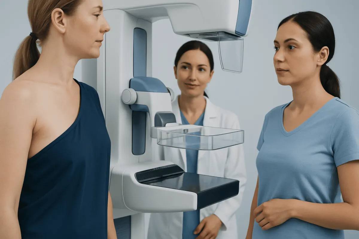 Women undergoing breast examination with mammography machine at Acibadem Hospital.