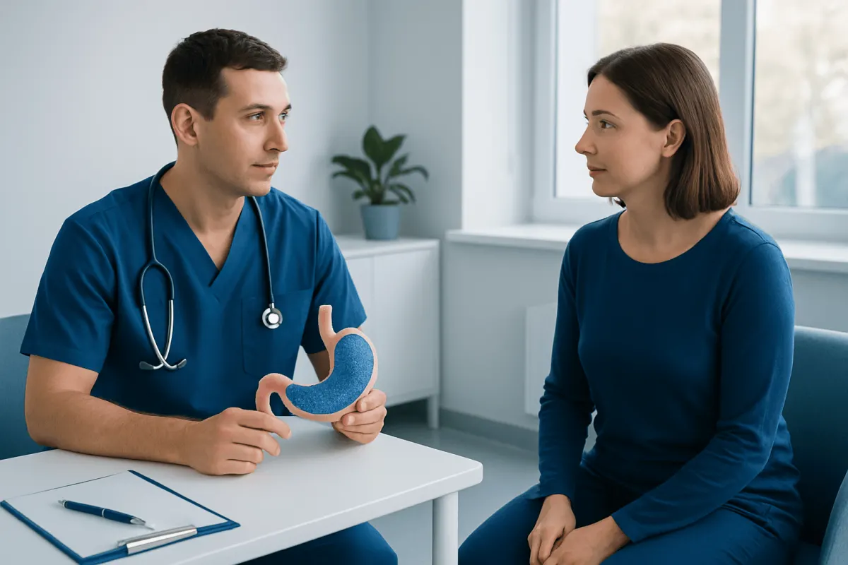 Doctor explaining stomach surgery to a patient with a stomach model.