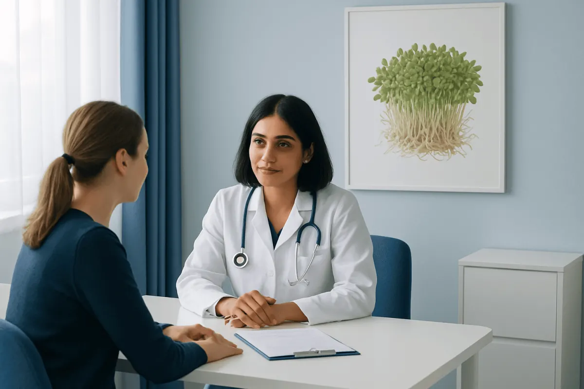 Doctor consulting with patient in a medical office with a plant artwork on the wall.