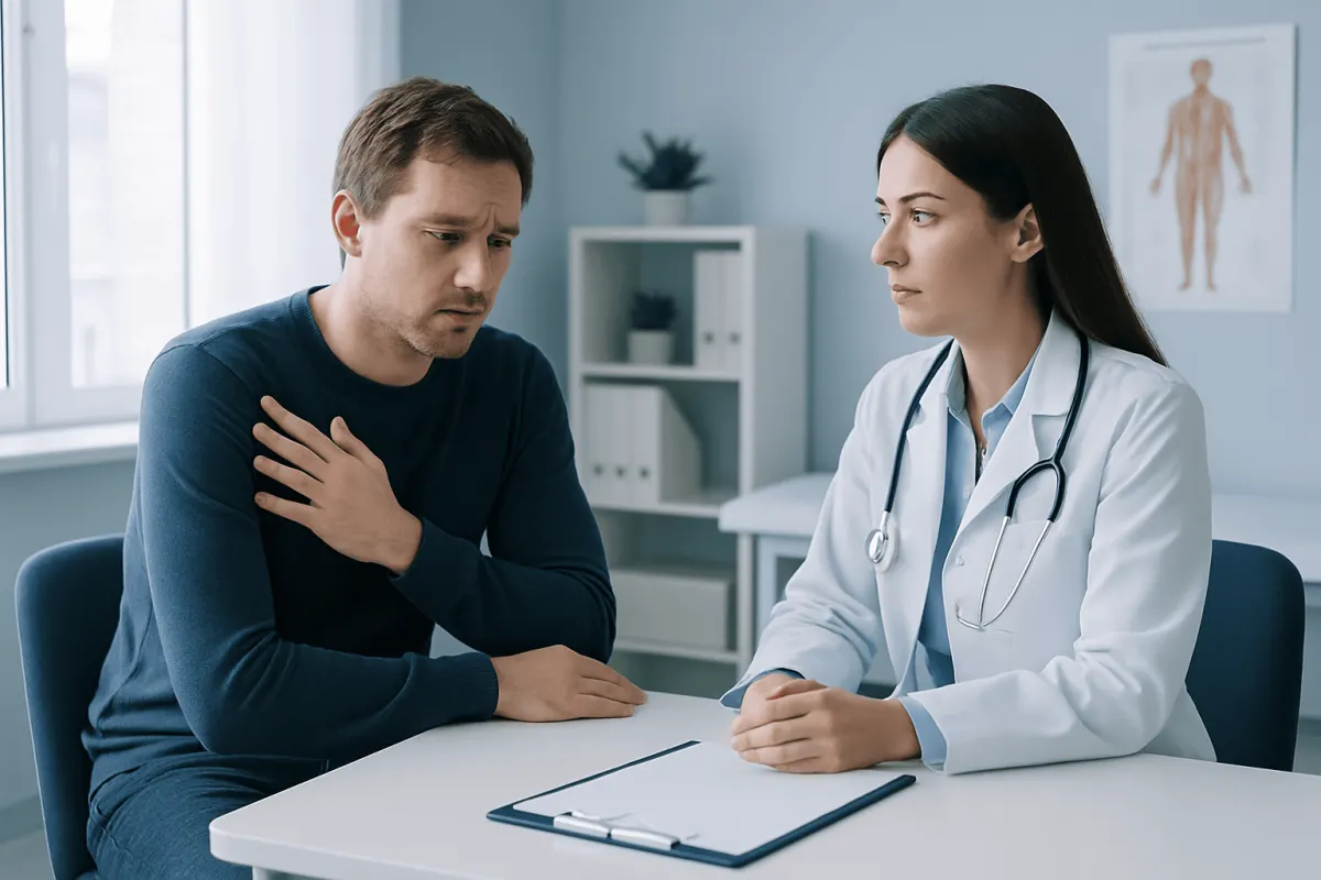 Doctor consulting with a patient about body aches and allergies.