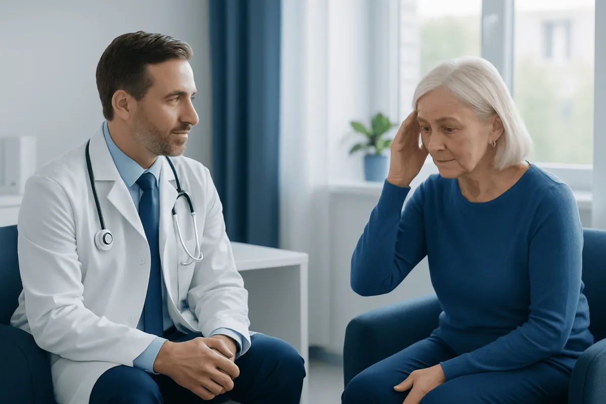 Doctor consulting elderly woman about health concerns in a clinic setting.