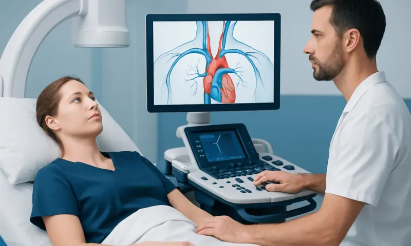 Doctor explaining aortic anatomy to a patient during an ultrasound exam.