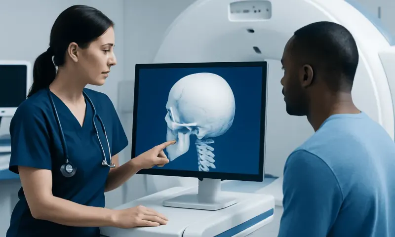 Medical professional explaining occipital bone via skull X-ray to patient.