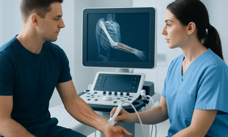 Medical professional performs ultrasound on patient's forearm in hospital setting.