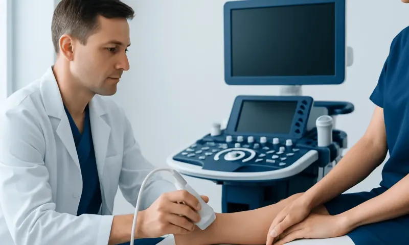 Doctor performing an ultrasound examination on a patient's arm.