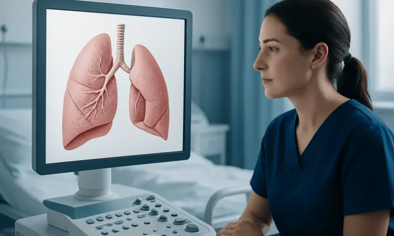 Medical professional analyzing a 3D lung model on a computer screen.
