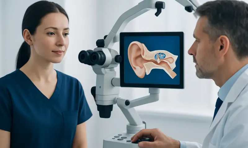Medical professionals examining ear anatomy with digital imaging technology.