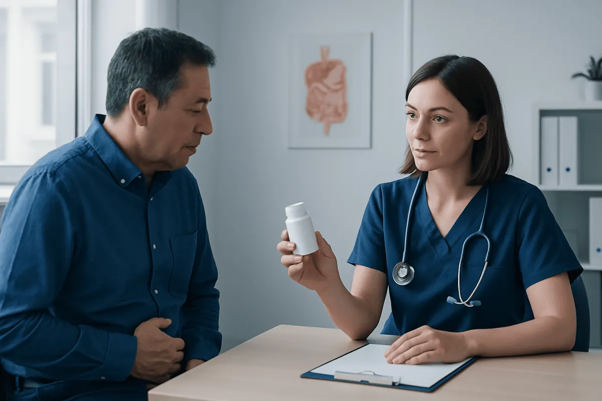 Doctor explaining medication to patient in a clinical setting.