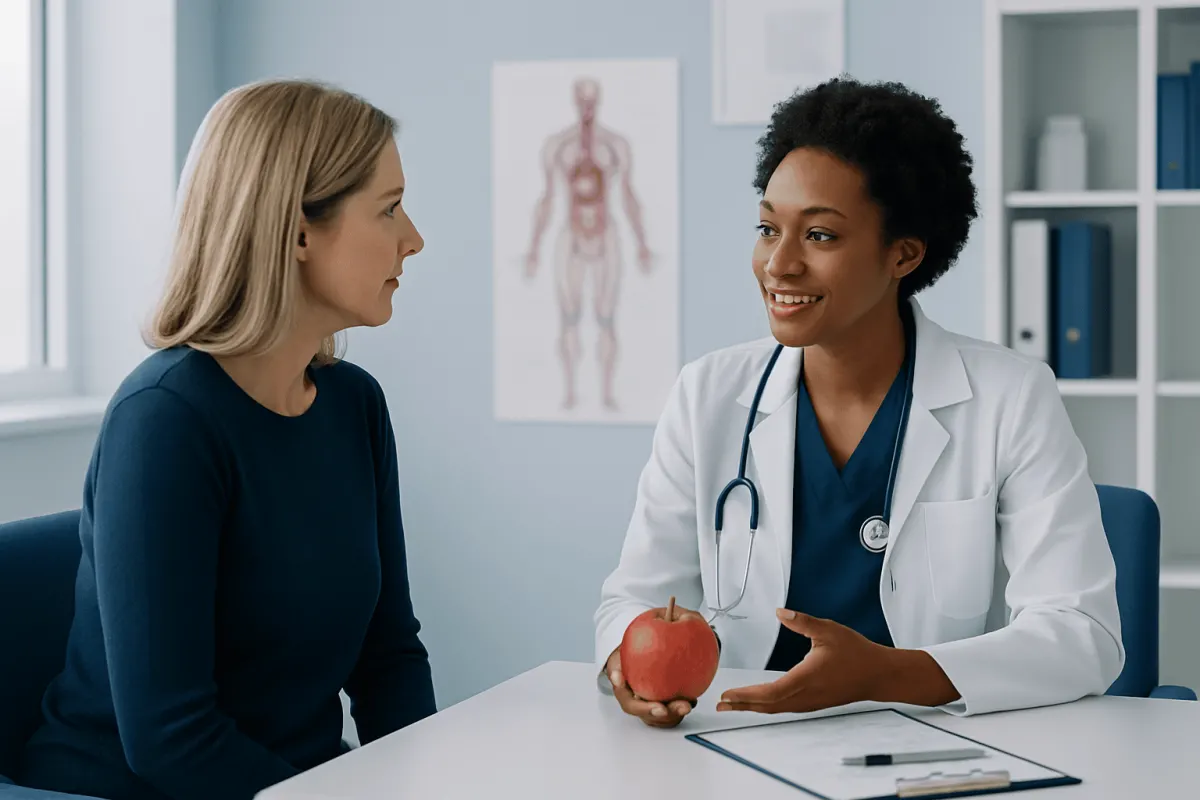 Doctor explaining health benefits of apples to a patient in a clinic setting.