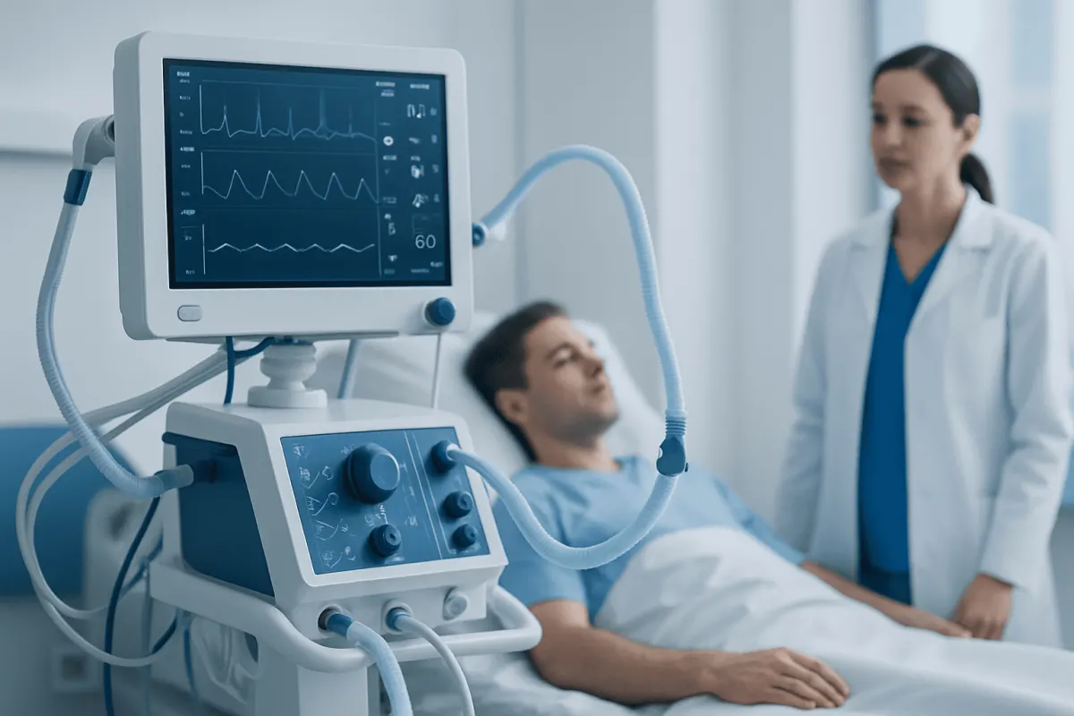 Medical monitor displaying vital signs in hospital room.