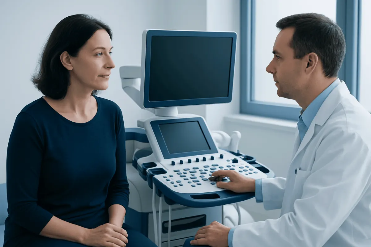 Doctor consulting with a patient in a medical examination room.