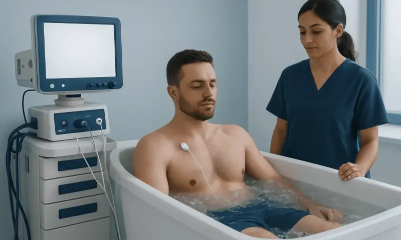 Patient undergoing hydrotherapy treatment in a medical facility.