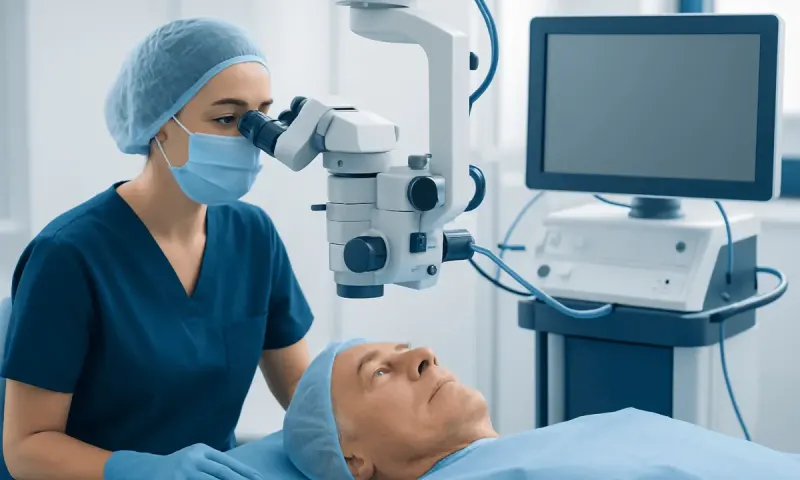 Surgeon performing eye surgery using a microscope at Acibadem Hospital.