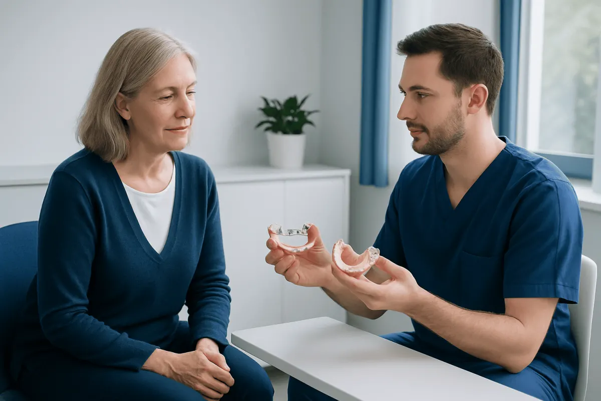 Dentist explaining denture options to an elderly woman in a clinic.