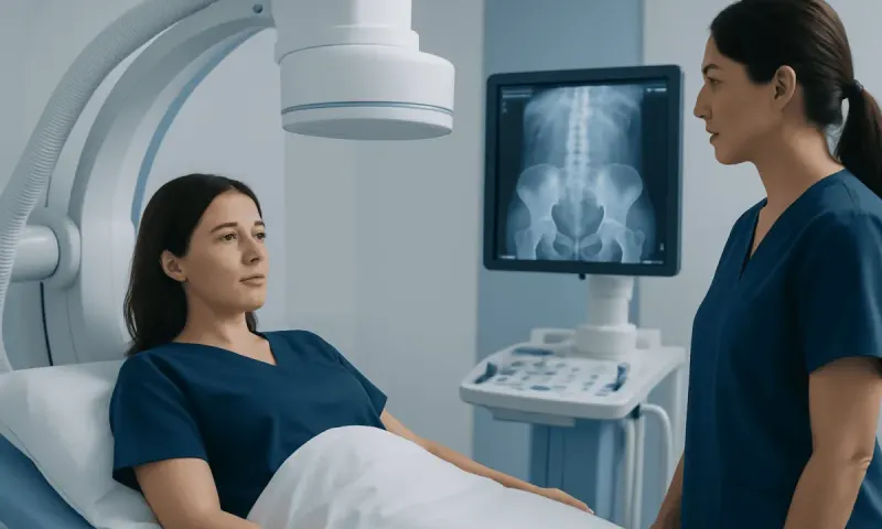 Patient undergoing pelvic X-ray in a medical facility at Acibadem Hospitals Group.