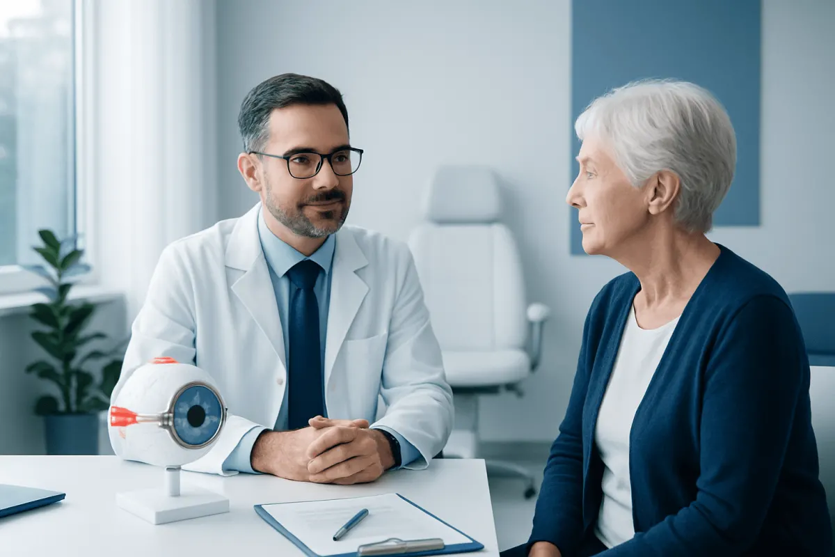 Ophthalmologist consulting elderly patient about eye health in clinic.
