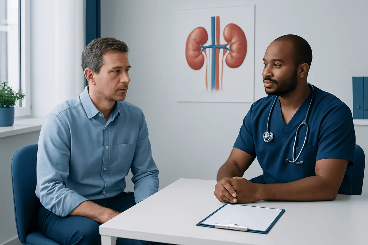 Doctor consulting with patient about kidney health in a medical office.
