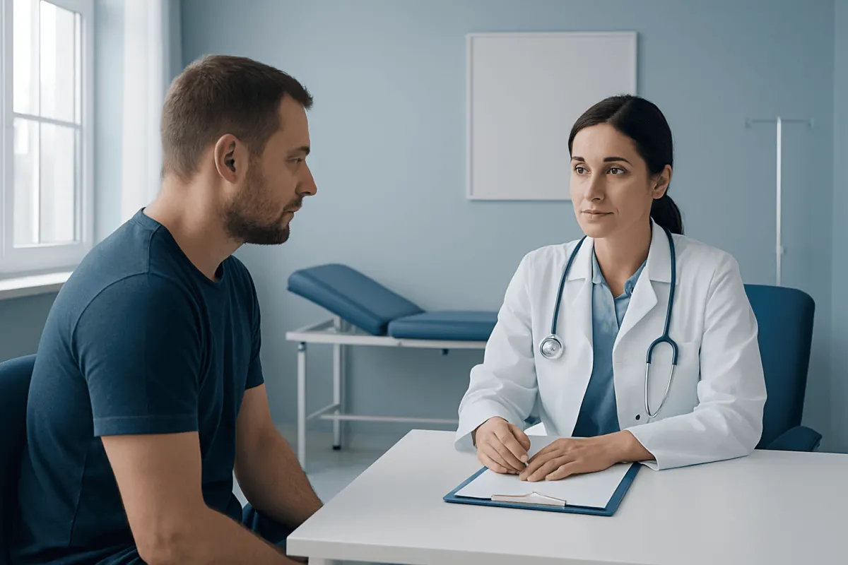 Doctor consulting with male patient in a medical office setting.