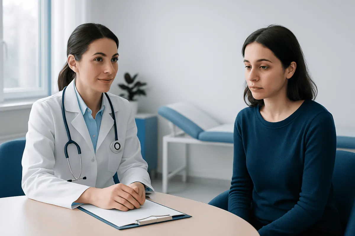 Doctor consulting a patient about dark circles around eyes treatment options.