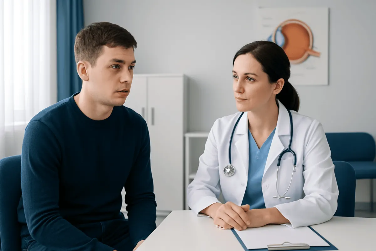 Ophthalmologist consulting with a patient about eye health and misalignment.