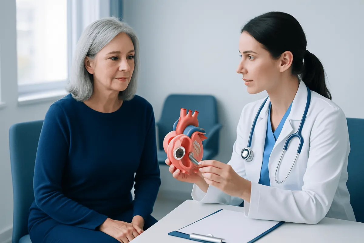Doctor explaining heart valve to an elderly woman in a medical consultation.