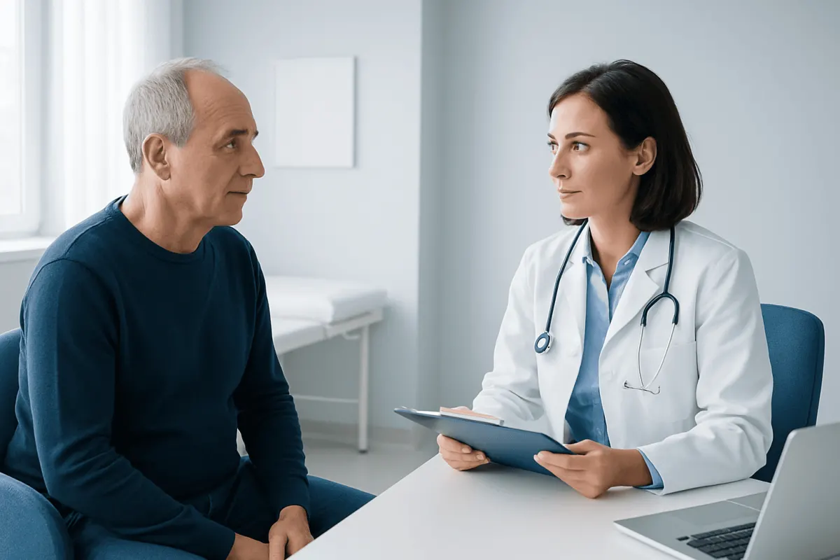 Doctor consulting with an elderly male patient in a medical office.