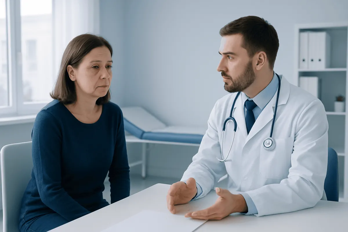 Doctor consulting with a patient about eye concerns in a clinical setting.