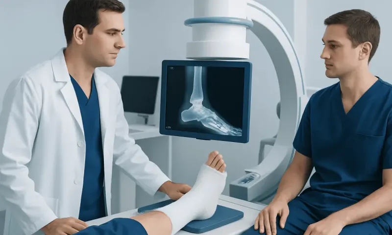 Doctor examining patient's foot X-ray in a medical clinic.