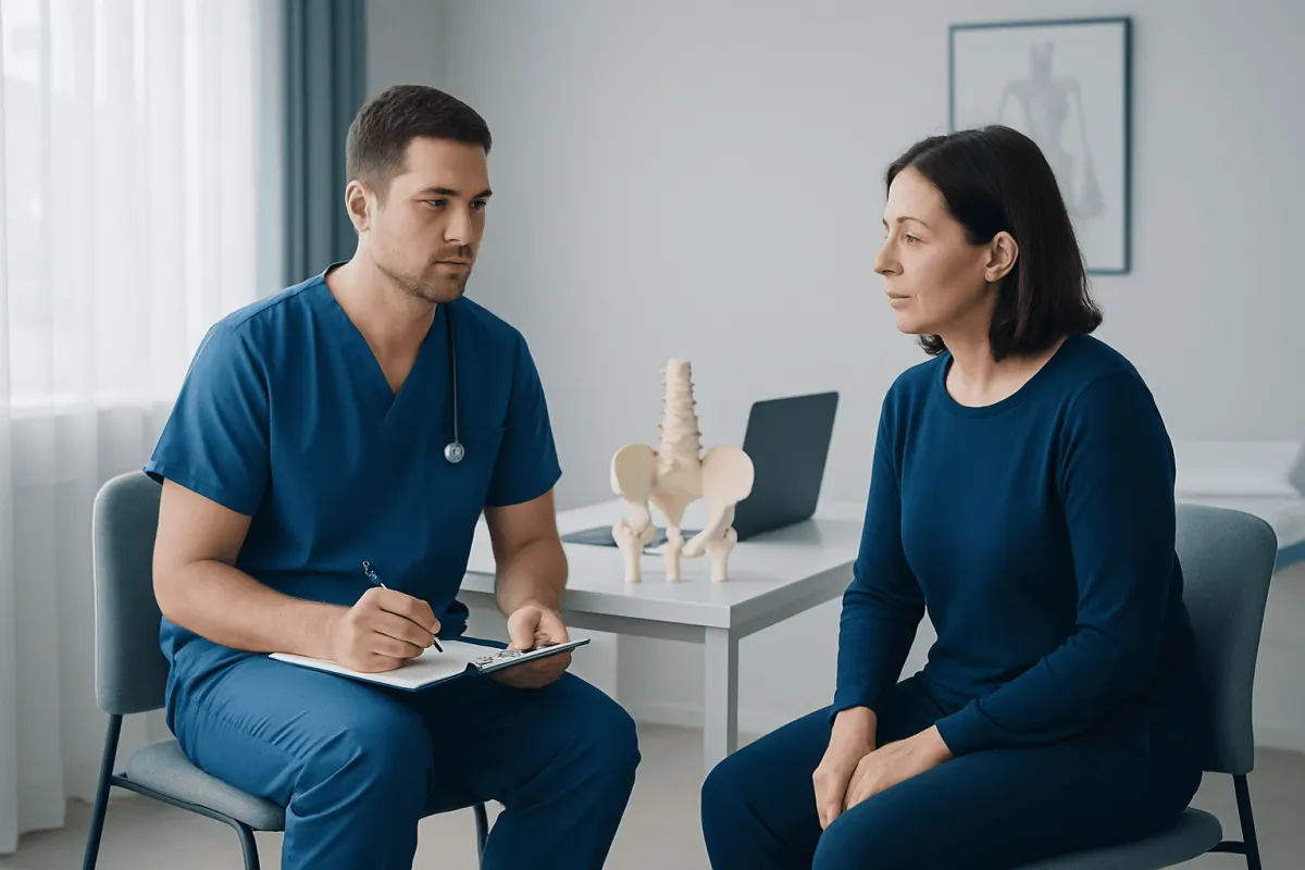 Doctor consulting with a patient about hip injury in a medical office.
