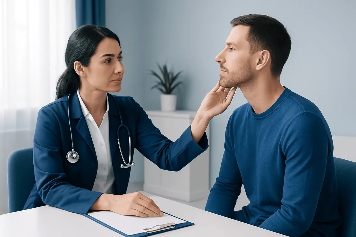 Doctor examining patient's jawline during consultation at Acibadem Hospital.