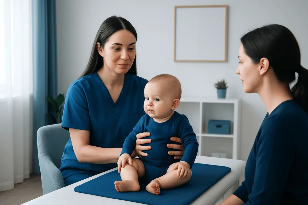 Pediatric occupational therapy session with a baby and two healthcare professionals.
