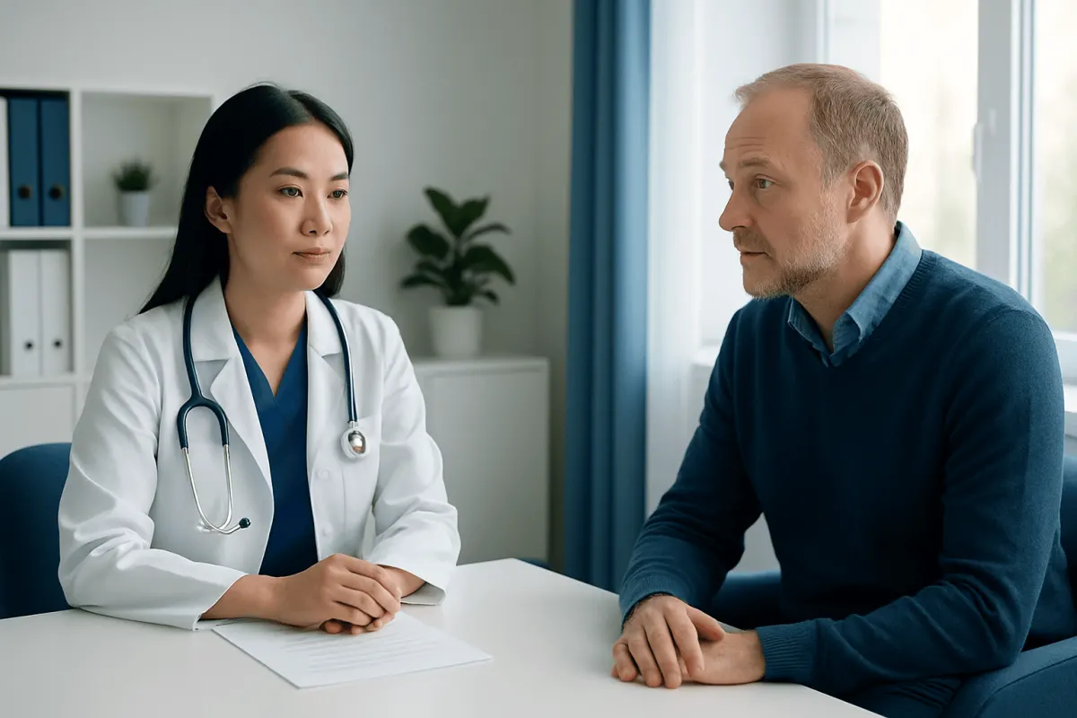 Doctor consulting with a patient in a modern medical office setting.