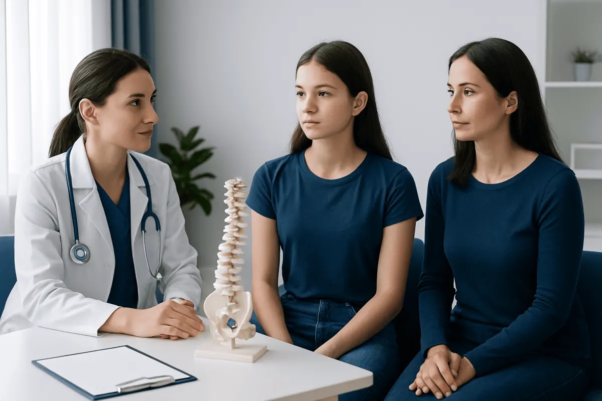 Doctor explaining scoliosis to young girl and mother in clinic.