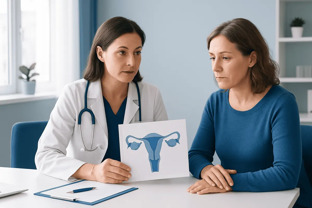 Gynecologist explaining ovarian health to a patient with uterus diagram.