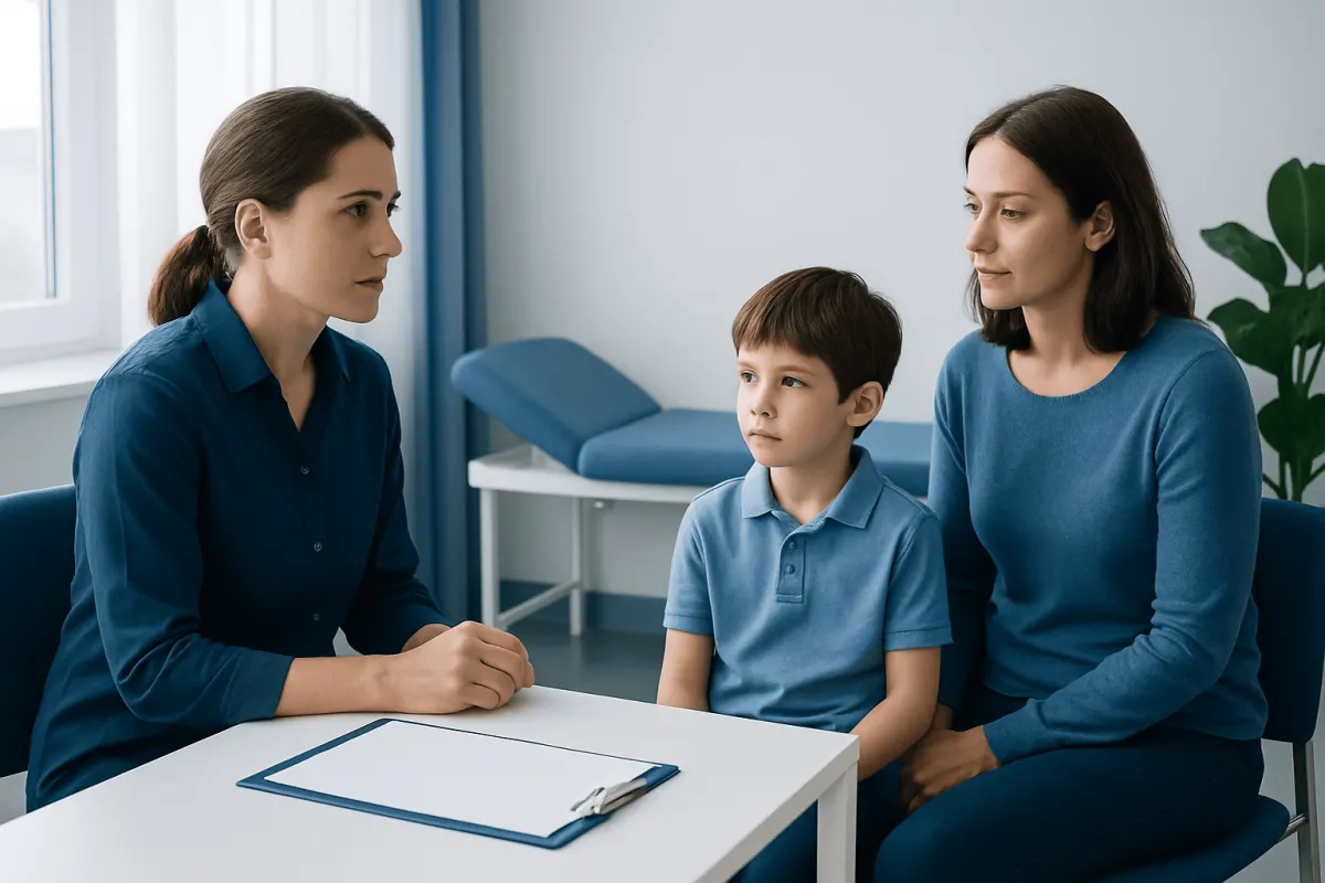 Child undergoing autism assessment with healthcare professionals in a clinic.