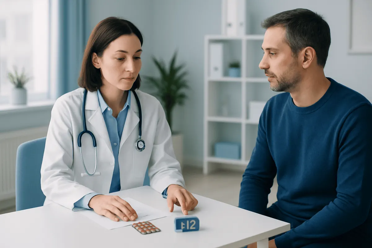 Doctor discussing vitamin B12 with patient in a clinic setting.
