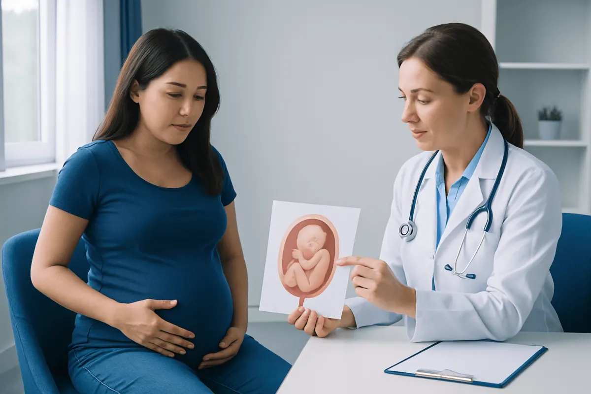 Pregnant woman consulting with doctor about ultrasound image of her baby.