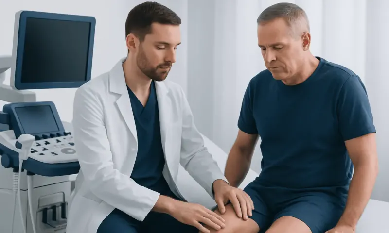 Urologist examining a patient's genital area in a clinical setting.